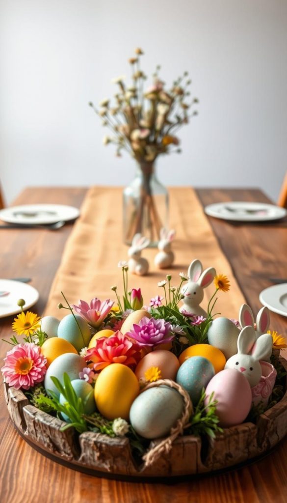 A beautifully arranged Easter table centerpiece featuring a rustic wooden table setting. In the foreground, place a vibrant array of colorful handmade Easter decorations, including painted eggs, fresh spring flowers in pastel hues, and small decorative bunnies, crafted by children. The middle layer showcases an inviting tablecloth in warm, natural tones, complementing a simple, elegant vase filled with wildflowers. In the background, soft, diffused lighting creates a cozy atmosphere, highlighting the natural textures of the decor. The scene evokes a cheerful, festive mood, perfect for a family gathering. The overall aesthetic is authentic, inspiring, and reminiscent of a Pinterest vibe, featuring the brand name "KlickKiste" subtly integrated into the design.