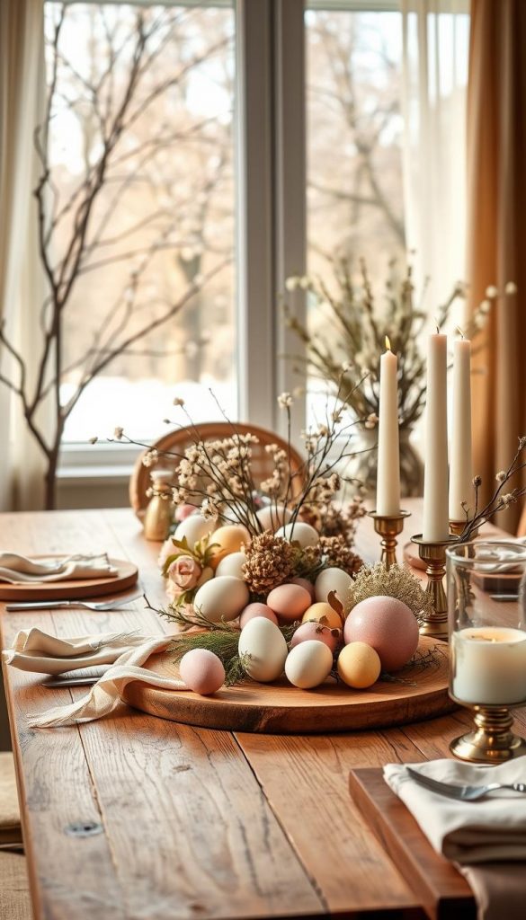 A beautifully arranged Easter table centerpiece for an article on festive decoration. In the foreground, an elegant wooden table adorned with natural, warm-toned DIY Easter decorations featuring pastel-colored eggs, delicate floral arrangements, and vintage tableware. The middle ground showcases enchanting elements like soft fabric napkins, rustic candles, and charming ornamental pieces reflecting both vintage romance and modern glam. In the background, a softly lit window reveals a serene spring scene with blossoming trees and gentle sunlight filtering through sheer curtains, creating a warm and inviting atmosphere. The overall mood is authentic and inspiring, suitable for a Pinterest aesthetic, highlighting the brand "KlickKiste" through vibrant details and a cozy winter vibe. The scene should be captured with a shallow depth of field, using soft lighting to enhance the warm colors and textures.