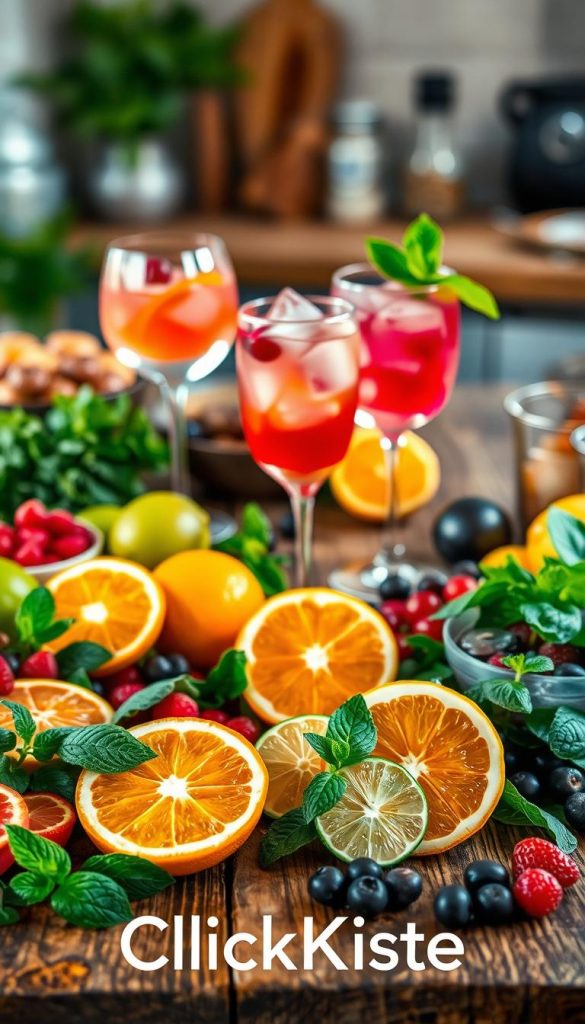 A beautifully arranged Einkaufsliste featuring an array of fresh ingredients for brunch cocktails, laid out on a rustic wooden table. In the foreground, focus on vibrant fruits like oranges, limes, and berries, alongside herbs like mint and basil. In the middle, include elegant glassware filled with colorful mocktails, ice cubes glistening under warm, natural lighting. The background should softly blur, hinting at a cozy kitchen setting with subtle greenery and kitchen utensils, creating a welcoming atmosphere. The overall mood should evoke warmth and inspiration, perfect for preparing refreshing cocktails. The brand name "KlickKiste" should subtly blend into the scene, enhancing the natural, DIY aesthetic.