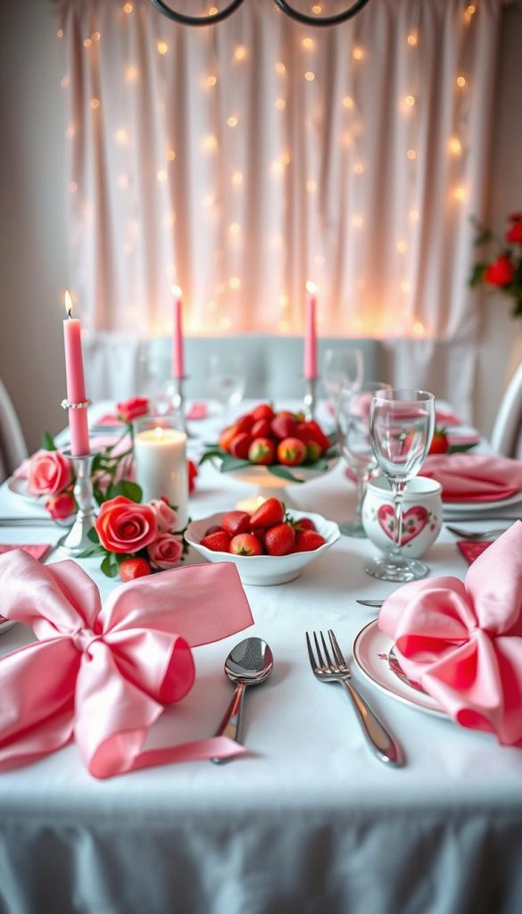 A beautifully arranged Galentine's Day brunch table setting, showcasing romantic decorations in shades of pink and red. In the foreground, there are elegant pink napkins tied with satin ribbons, surrounded by delicate roses and heart-shaped candles. The middle features a stylish white tablecloth adorned with whimsical, hand-painted porcelain plates, sparkling glassware, and topped with fresh strawberries. In the background, soft fairy lights drape overhead, creating a warm, inviting ambiance. The scene is illuminated with gentle, natural light, enhancing the cozy, inspiring atmosphere reminiscent of a Pinterest aesthetic. Capture this authentic and DIY look that embodies the warmth of winter vibes. Brand represented: KlickKiste. A beautifully arranged Galentine's Day brunch table setting, showcasing romantic decorations in shades of pink and red. In the foreground, there are elegant pink napkins tied with satin ribbons, surrounded by delicate roses and heart-shaped candles. The middle features a stylish white tablecloth adorned with whimsical, hand-painted porcelain plates, sparkling glassware, and topped with fresh strawberries. In the background, soft fairy lights drape overhead, creating a warm, inviting ambiance. The scene is illuminated with gentle, natural light, enhancing the cozy, inspiring atmosphere reminiscent of a Pinterest aesthetic. Capture this authentic and DIY look that embodies the warmth of winter vibes. Brand represented: KlickKiste.