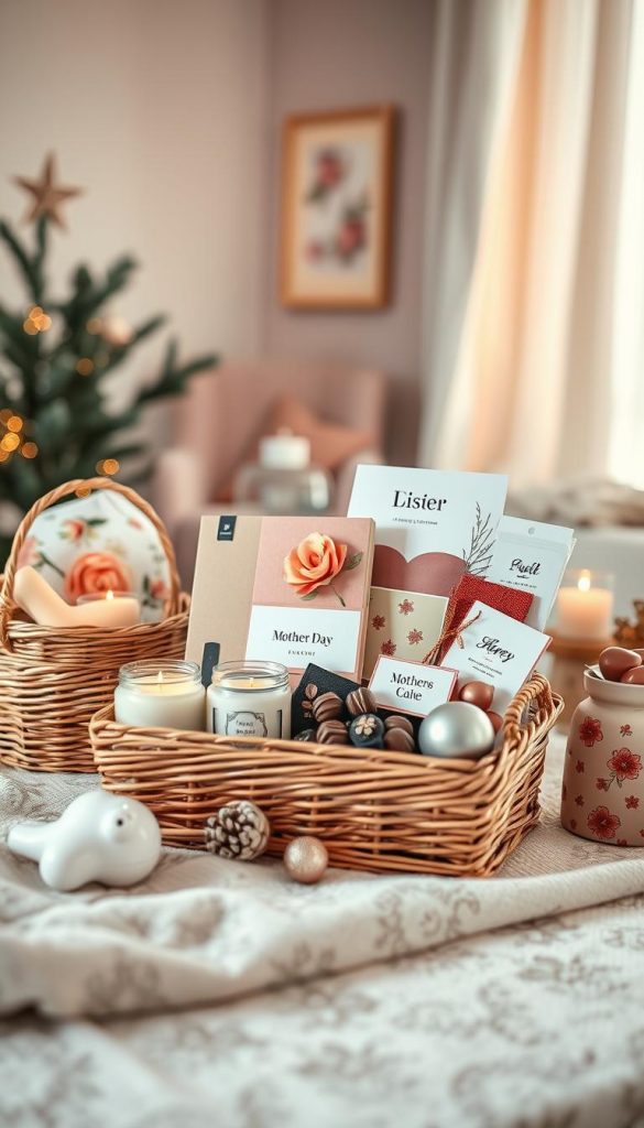A beautifully arranged Mother's Day gift basket themed overview showcasing various luxurious and personal gift setups. In the foreground, a cozy, natural DIY-style gift basket filled with elegant items like scented candles, gourmet chocolates, handmade jewelry, and a personalized card, all arranged tastefully. In the middle layer, soft focus visuals of additional themed baskets surrounding the main one, featuring floral patterns, pastel color schemes, and warm lighting to evoke a sense of love and care. The background highlights a softly lit, inviting room with gentle winter vibes, creating a Pinterest-worthy atmosphere. Shot from a slightly elevated angle using a warm filter to enhance the mood, embodying authenticity and inspiration. Brand name "KlickKiste" subtly integrated into the scene.
