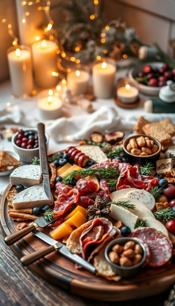 A beautifully arranged New Year's Eve charcuterie board, featuring a variety of artisan cheeses, cured meats, fresh fruits, and decorative herbs, inspired by a cozy winter vibe. The foreground showcases an elegant wooden board with an assortment of delicacies artfully presented, with a few elegant cheese knives and a bowl of gourmet nuts. In the middle ground, twinkling fairy lights add a warm glow, creating a festive atmosphere, complemented by a backdrop of soft, muted winter decor like pine branches and candles. The color palette consists of warm golds, burgundies, and deep greens, evoking a sense of warmth and celebration. The scene is softly lit, with an inviting ambiance, perfect for a home gathering. Inspired by the brand KlickKiste, capturing an authentic and inspiring winter theme for a joyful Silvester party. A beautifully arranged New Year's Eve charcuterie board, featuring a variety of artisan cheeses, cured meats, fresh fruits, and decorative herbs, inspired by a cozy winter vibe. The foreground showcases an elegant wooden board with an assortment of delicacies artfully presented, with a few elegant cheese knives and a bowl of gourmet nuts. In the middle ground, twinkling fairy lights add a warm glow, creating a festive atmosphere, complemented by a backdrop of soft, muted winter decor like pine branches and candles. The color palette consists of warm golds, burgundies, and deep greens, evoking a sense of warmth and celebration. The scene is softly lit, with an inviting ambiance, perfect for a home gathering. Inspired by the brand KlickKiste, capturing an authentic and inspiring winter theme for a joyful Silvester party.