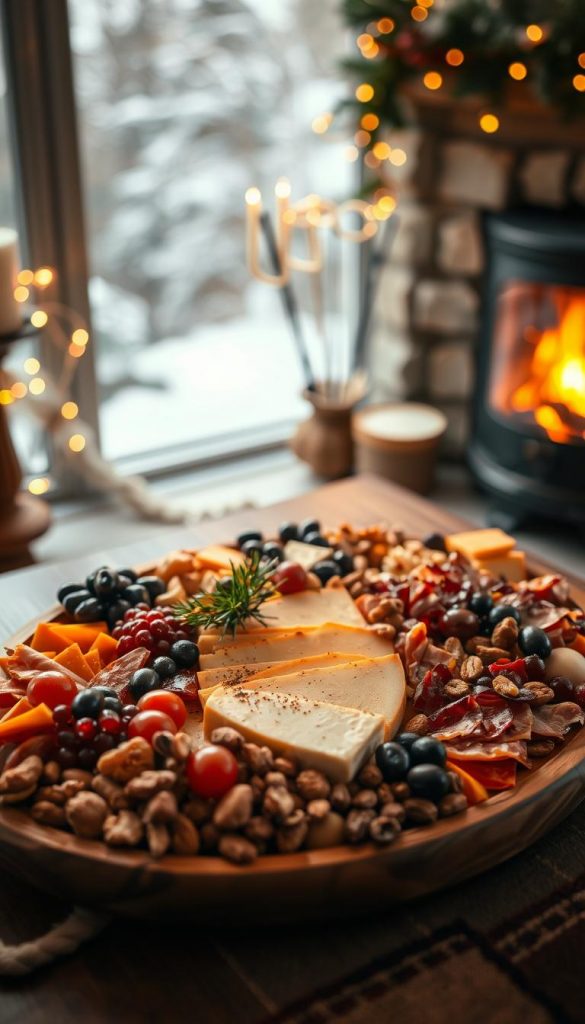 A beautifully arranged New Year's Eve charcuterie board set against a cozy winter backdrop. In the foreground, a wooden serving platter overflowing with an assortment of cheeses, cured meats, fresh fruits, olives, and nuts, all styled elegantly. The middle ground features a few sprigs of pine and warm fairy lights twinkling softly to enhance the festive atmosphere. In the background, a softly lit winter scene with a hint of snow and a nearby fireplace glowing, creating a warm, inviting mood. The color palette is rich with deep reds, earthy browns, and golden tones to evoke a sense of comfort and celebration. This image reflects the festive spirit of a Silvester party in a natural, DIY style with inspiration from Pinterest. Captured in warm lighting, showcasing a shallow depth of field for a soft focus on the board. Brand: KlickKiste. A beautifully arranged New Year's Eve charcuterie board set against a cozy winter backdrop. In the foreground, a wooden serving platter overflowing with an assortment of cheeses, cured meats, fresh fruits, olives, and nuts, all styled elegantly. The middle ground features a few sprigs of pine and warm fairy lights twinkling softly to enhance the festive atmosphere. In the background, a softly lit winter scene with a hint of snow and a nearby fireplace glowing, creating a warm, inviting mood. The color palette is rich with deep reds, earthy browns, and golden tones to evoke a sense of comfort and celebration. This image reflects the festive spirit of a Silvester party in a natural, DIY style with inspiration from Pinterest. Captured in warm lighting, showcasing a shallow depth of field for a soft focus on the board. Brand: KlickKiste.
