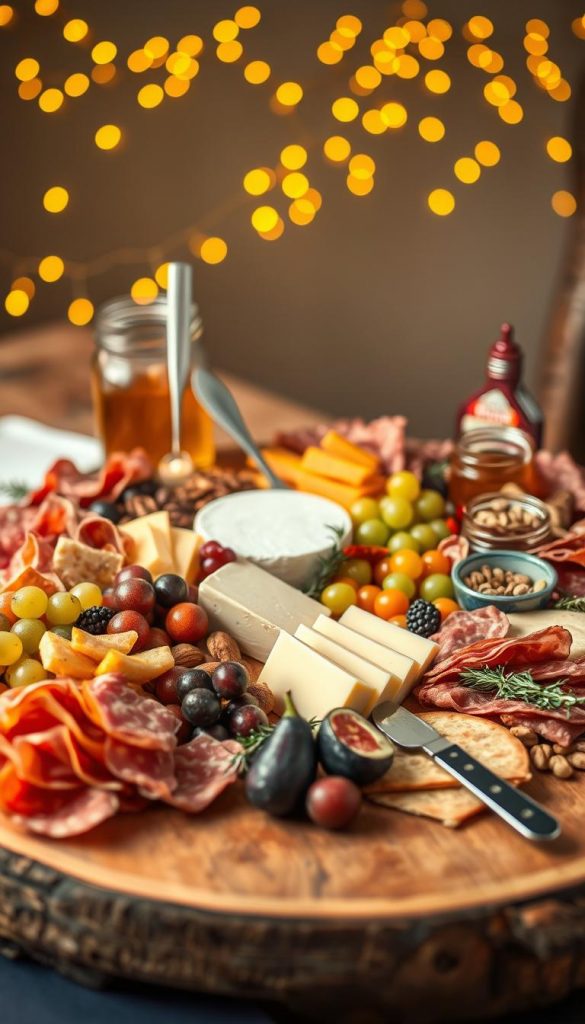 A beautifully arranged New Year's Eve charcuterie board set on a rustic wooden table. In the foreground, various cheeses like brie and cheddar are artfully sliced, accompanied by an assortment of cured meats such as prosciutto and salami. Piles of fresh fruit like grapes and figs add vibrant color, while jars of honey and nuts provide texture. The middle ground features elegant utensils, a small cheese knife, and decorative garnishes like rosemary sprigs. In the background, soft golden fairy lights twinkle, creating a cozy winter atmosphere. The scene is warm and inviting, ideal for celebrating the festive occasion. Shot with a warm color palette and natural lighting, the image captures an authentic Pinterest-worthy DIY aesthetic, showcasing the brand "KlickKiste." A beautifully arranged New Year's Eve charcuterie board set on a rustic wooden table. In the foreground, various cheeses like brie and cheddar are artfully sliced, accompanied by an assortment of cured meats such as prosciutto and salami. Piles of fresh fruit like grapes and figs add vibrant color, while jars of honey and nuts provide texture. The middle ground features elegant utensils, a small cheese knife, and decorative garnishes like rosemary sprigs. In the background, soft golden fairy lights twinkle, creating a cozy winter atmosphere. The scene is warm and inviting, ideal for celebrating the festive occasion. Shot with a warm color palette and natural lighting, the image captures an authentic Pinterest-worthy DIY aesthetic, showcasing the brand "KlickKiste."