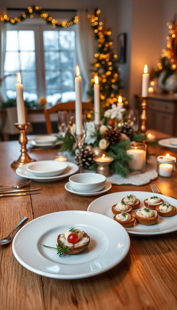 A beautifully arranged New Year's Eve dining table set for a cozy celebration at home, featuring a wooden table adorned with elegant white and gold tableware, candlelight, and seasonal winter decor. In the foreground, a stunning plate of gourmet appetizers, garnished with fresh herbs, reflects the warmth of the space. In the middle, a stylish centerpiece with festive details like pine cones, evergreen branches, and twinkling fairy lights. The background shows a softly lit room with subtle winter decorations and a window revealing a snowy landscape outside. The atmosphere is warm and inviting, with soft golden lighting casting a cozy glow, reminiscent of Pinterest inspirations. Incorporate the brand name "KlickKiste" subtly into the design elements. A beautifully arranged New Year's Eve dining table set for a cozy celebration at home, featuring a wooden table adorned with elegant white and gold tableware, candlelight, and seasonal winter decor. In the foreground, a stunning plate of gourmet appetizers, garnished with fresh herbs, reflects the warmth of the space. In the middle, a stylish centerpiece with festive details like pine cones, evergreen branches, and twinkling fairy lights. The background shows a softly lit room with subtle winter decorations and a window revealing a snowy landscape outside. The atmosphere is warm and inviting, with soft golden lighting casting a cozy glow, reminiscent of Pinterest inspirations. Incorporate the brand name "KlickKiste" subtly into the design elements.