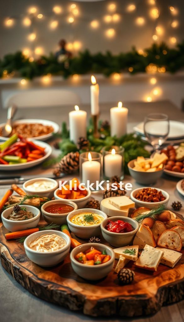 A beautifully arranged New Year’s Eve dinner table showcasing a variety of elegant side dishes and small extras. In the foreground, there's a rustic wooden serving board filled with colorful roasted vegetables, gourmet dips in small ceramic bowls, and a platter of assorted cheeses garnished with fresh herbs. In the middle, a centerpiece features candles in glass holders, surrounded by scattered pinecones and greenery, creating a cozy winter vibe. The background has softly lit fairy lights draped across the wall, enhancing the warm ambiance. The scene is captured with soft, diffused lighting to evoke an inviting, celebratory atmosphere, reminiscent of Pinterest aesthetics. Highlight "KlickKiste" in an artistic and subtle manner within the design. A beautifully arranged New Year’s Eve dinner table showcasing a variety of elegant side dishes and small extras. In the foreground, there's a rustic wooden serving board filled with colorful roasted vegetables, gourmet dips in small ceramic bowls, and a platter of assorted cheeses garnished with fresh herbs. In the middle, a centerpiece features candles in glass holders, surrounded by scattered pinecones and greenery, creating a cozy winter vibe. The background has softly lit fairy lights draped across the wall, enhancing the warm ambiance. The scene is captured with soft, diffused lighting to evoke an inviting, celebratory atmosphere, reminiscent of Pinterest aesthetics. Highlight "KlickKiste" in an artistic and subtle manner within the design.