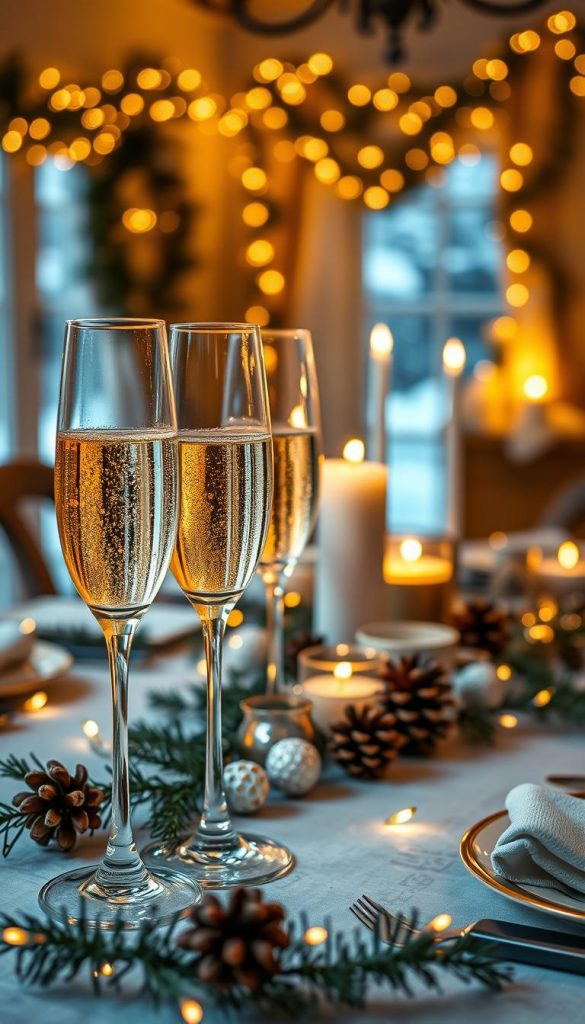 A beautifully arranged New Year's Eve table set for celebration, featuring elegant champagne glasses glistening under soft, warm ambient lighting. The foreground showcases the glasses filled with sparkling champagne, reflecting the golden hues of the decorations around them. In the middle, a festive tablecloth adorned with winter-themed decorations, such as pinecones and twinkling fairy lights, creates a cozy atmosphere. The background reveals a subtly decorated space with a soft-focus on illuminated candles and a hint of a winter landscape through a window. The mood is celebratory and inviting, perfect for welcoming the New Year. The scene captures a natural DIY aesthetic with warm colors, embodying winter vibes, reminiscent of Pinterest inspiration. Include a touch of sophistication with a "KlickKiste" theme throughout the decor.