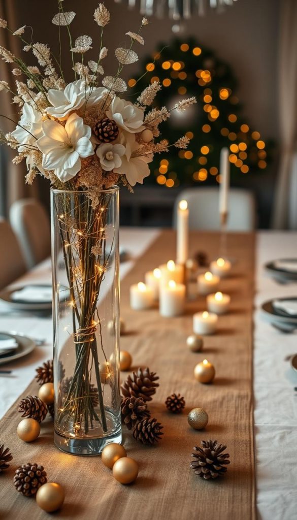 A beautifully arranged New Year's centerpiece showcasing a blend of natural elements and elegant decor. In the foreground, a tall, slim glass vase filled with white and gold faux flowers, shimmering metallic accents, and twinkling fairy lights. Nestled around the base are scattered pinecones and gold-dusted ornaments. In the middle view, a richly textured linen table runner in warm tones creates a cozy atmosphere. Surrounding it are small clusters of candles in various heights, casting a soft, inviting glow. In the background, a softly blurred festive table setting adorned with elegant dinnerware and sparkling cutlery adds depth and warmth. The scene is bathed in gentle, warm lighting, evoking a cheerful, inviting mood for a New Year's celebration. A Pinterest-inspired aesthetic with natural DIY vibes, reflecting authenticity and inspiration. Designed for “KlickKiste.”