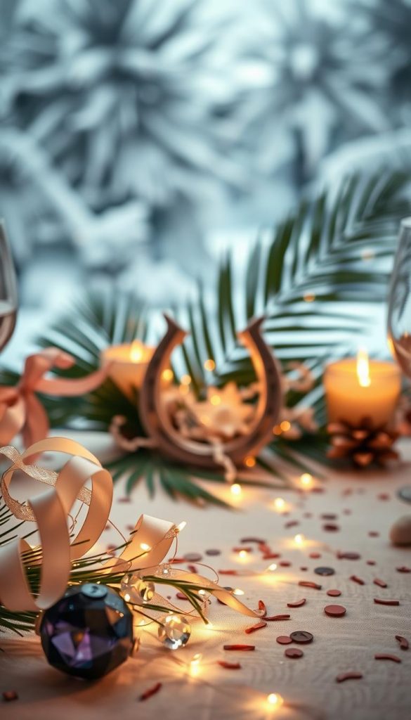 A beautifully arranged New Year’s table setting showcases "fine accents" with an elegant touch. In the foreground, sparkling gems and delicate ribbons intertwine with lush palm leaves, creating a luxurious feel. The middle ground features an artfully placed horseshoe symbolizing good luck, surrounded by a subtle scattering of festive confetti. Soft, warm lighting bathes the scene, highlighting the textures of the tablecloth and decorative elements. The background is an inviting, softly blurred winter landscape, hinting at the season’s charm. The overall atmosphere radiates warmth and celebration, capturing a Pinterest-worthy DIY aesthetic. Inspired by the brand KlickKiste, this composition evokes a perfect blend of elegance and simplicity for a delightful New Year celebration.
