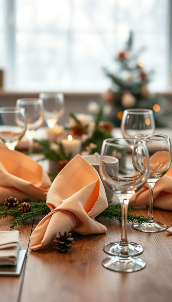 A beautifully arranged New Year's table setting showcasing elegantly folded napkins and sparkling glasses, inspired by the festive spirit of winter. In the foreground, a centerpiece features delicate, warm-toned serviettes intricately designed, accompanied by crystal-clear glassware reflecting soft, ambient light. The middle ground is filled with a wooden table adorned with subtle seasonal decorations like pinecones and sprigs of evergreen, enhancing the cozy atmosphere. The background softly blurs into a light, warm-hued winter scene, reminiscent of Pinterest aesthetics. The lighting is soft and inviting, evoking a sense of warmth and celebration, suggesting the joy of ringing in the new year. This image is inspired by "KlickKiste" and captures a natural, DIY elegance, ideal for inspiring festive table decor.
