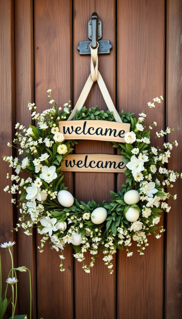 A beautifully arranged Oster Türkranz, designed after the festive season, showcasing a seamless blend of spring blossoms and subtle Easter accents. The foreground features a lush wreath made of assorted greenery, delicate white flowers, and soft pastel-colored eggs, enhancing its fresh appeal. In the middle, hang the kranz on a rustic wooden door, adorned with a warm, inviting welcome sign. The background includes hints of a sunlit garden, creating a cheerful atmosphere. The image is illuminated with soft, natural lighting to evoke a serene spring vibe, captured with a slight depth of field to focus on the kranz. The mood is authentic and inspiring, perfect for DIY enthusiasts. Designed with the spirit of KlickKiste in mind, ensuring a Pinterest-worthy look that radiates warmth and creativity.