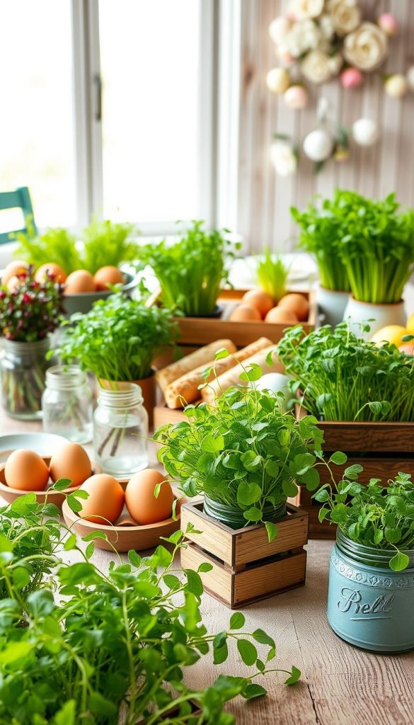 A beautifully arranged Oster breakfast table featuring a diverse array of colorful kresse (cress) plants, nestled in charming recycled containers like glass jars and wooden boxes, showcasing a DIY aesthetic. The foreground emphasizes vibrant green kresse with delicate tendrils, while the middle ground expands to an assortment of sustainably sourced dishes, such as eggs, fresh bread, and seasonal fruits. The backdrop features soft, natural lighting filtering through a window, creating a warm, inviting atmosphere reminiscent of a cozy breakfast setting. The table is set against a rustic wooden backdrop adorned with subtle spring floral accents. The scene embodies a Pinterest-perfect DIY vibe curated by KlickKiste, inspiring sustainable decoration ideas for an Easter table.
