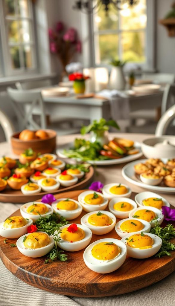 A beautifully arranged Oster brunch table featuring a variety of popular egg dishes, such as perfectly poached eggs with green herbs, vibrant deviled eggs garnished with paprika, and a rustic frittata with colorful vegetables. In the foreground, showcase a wooden platter filled with beautifully arranged eggs, surrounded by fresh greens and edible flowers for a Pinterest-perfect look. In the middle ground, a softly lit backdrop reveals a charming, warmly decorated dining setting with pastel-colored tableware and a cozy atmosphere, accentuated by soft, natural light streaming in through a window. The overall mood is inviting and inspiring, capturing the essence of a delightful spring brunch. The scene should evoke a sense of warmth and creativity, aligning with the natural DIY aesthetics of KlickKiste.