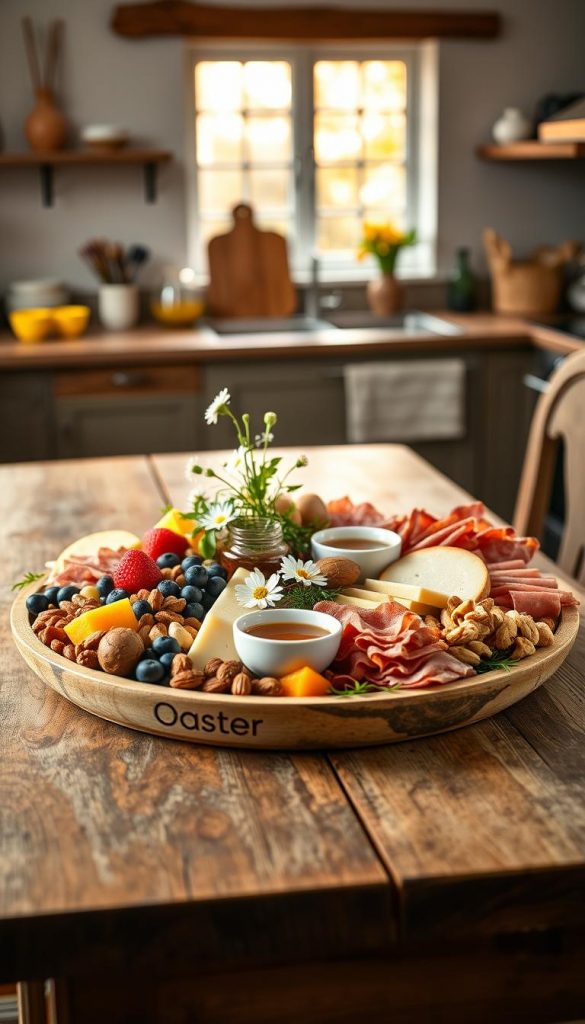 A beautifully arranged Oster charcuterie board on a rustic wooden table, showcasing an inviting assortment of seasonal snacks for Easter. The foreground features vibrant, colorful items such as artisanal cheeses, cured meats, fresh fruits like strawberries and blueberries, and assorted nuts, artfully arranged on a large ceramic platter branded with "KlickKiste". In the middle, add delicate flowers and fresh herbs for an organic touch, and small bowls filled with honey and artisanal dips. The background softly blurs to reveal a cozy kitchen atmosphere with warm, natural lighting streaming in through a nearby window, creating a welcoming, Pinterest-inspired vibe that exudes a joyful and festive mood, perfect for brunch and gatherings.