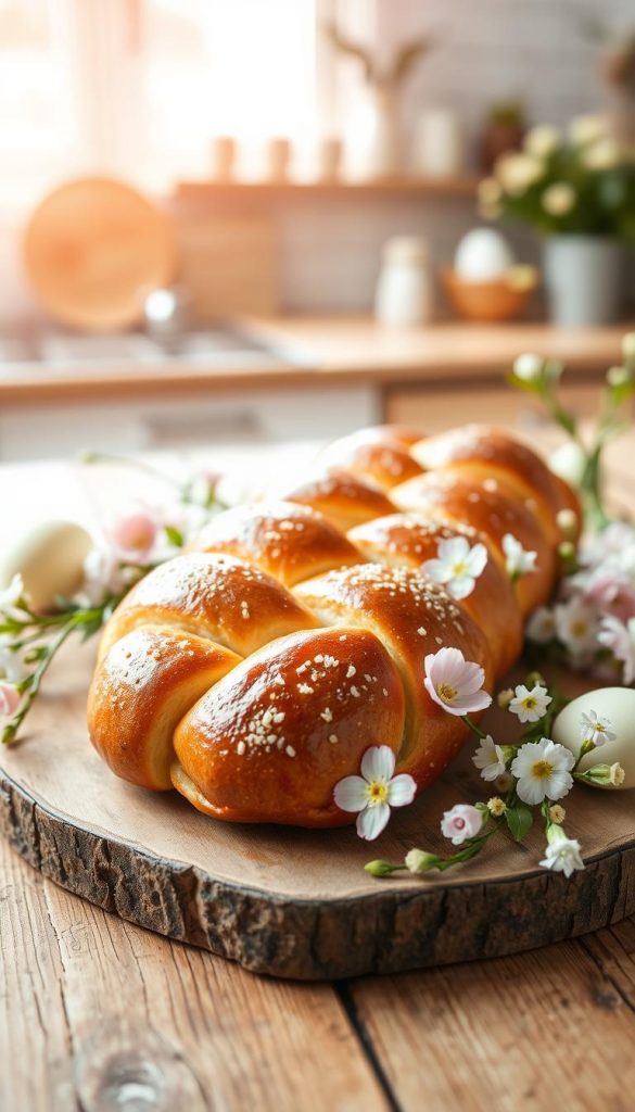 A beautifully arranged Osterzopf (Easter braid) sits elegantly on a rustic wooden table, adorned with delicate spring flowers in soft pastels. In the foreground, the braided bread sparkles with a light glaze, showcasing its golden crust and inviting texture. Surrounding the Osterzopf, pastel-colored eggs, and fresh greenery add a seasonal touch, resonating with the joy of spring. The middle ground features soft, natural lighting streaming in from a nearby window, enhancing the warm, cozy atmosphere. The background includes hints of a softly blurred kitchen setting, with decorative Easter accents. The entire scene conveys a vibrant and fresh feeling, perfect for a joyful home brunch. This natural DIY image embodies the essence of spring and Easter, inspired by the aesthetic of KlickKiste.