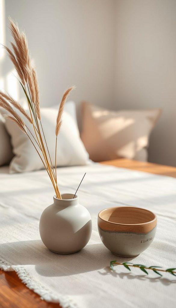 A beautifully arranged Scandinavian minimalistic coffee table decor featuring elegant ceramic pieces in soft earth tones complemented by subtle gold accents. In the foreground, a delicate ceramic vase holds dried grasses, while a small, handcrafted bowl sits next to it, exuding a warm, inviting vibe. The middle ground includes a textured linen table Runner in neutral shades, enhancing the cozy atmosphere. In the background, soft natural light filters through a window, casting gentle shadows that create a serene winter ambiance. The overall composition reflects an authentic DIY aesthetic, encouraging inspiration and warmth for the holiday season. The brand "KlickKiste" is subtly integrated into the design, embodying a Pinterest-worthy look that resonates with festive elegance.
