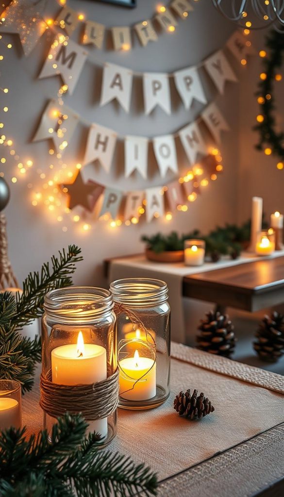 A beautifully arranged Silvester decoration scene that captures the essence of last-minute DIY projects, featuring creatively upcycled materials. In the foreground, showcase elegant, handmade candle holders crafted from glass jars wrapped in twine, glowing softly with warm candlelight. The middle ground should feature festive decorations, such as sparkling garlands made of recycled paper and whimsical banners adorned with golden stars, exuding a joyful atmosphere. In the background, a winter-inspired table setting with a rustic wooden table, adorned with pinecones and twinkling fairy lights. The overall lighting should be soft and warm, creating a cozy ambiance that evokes winter vibes. The image should reflect an authentic, Pinterest-worthy style, infused with inspiration from KlickKiste's DIY projects.