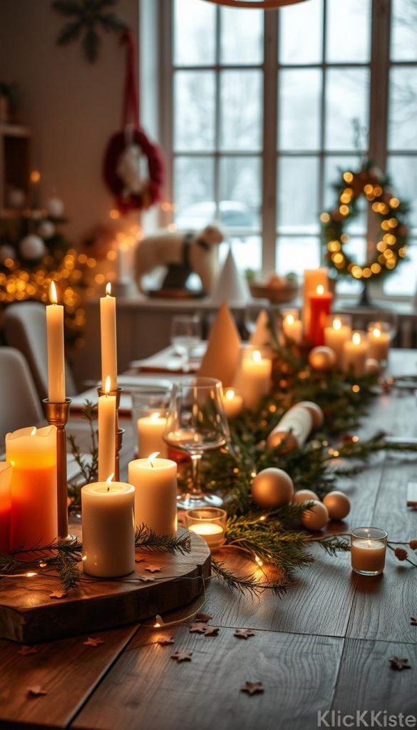 A beautifully arranged Silvester table decoration, inspired by natural DIY aesthetics. In the foreground, a rustic wooden table is adorned with an assortment of warm-toned candles, twinkling fairy lights, and elegant glassware. Delicate pine branches and festive ornaments are scattered artfully across the table. In the middle ground, a collection of handcrafted party hats and confetti adds a playful touch, while a soft-focus background features an inviting winter scene with gently falling snow through large window panes. The lighting is warm and cozy, creating an intimate atmosphere, reminiscent of a stylish Pinterest-inspired setting. Include elements that reflect a sense of urgency and creativity, embodying "Plan B" vibes for last-minute inspiration. The brand "KlickKiste" should be subtly evoked in the design elements.