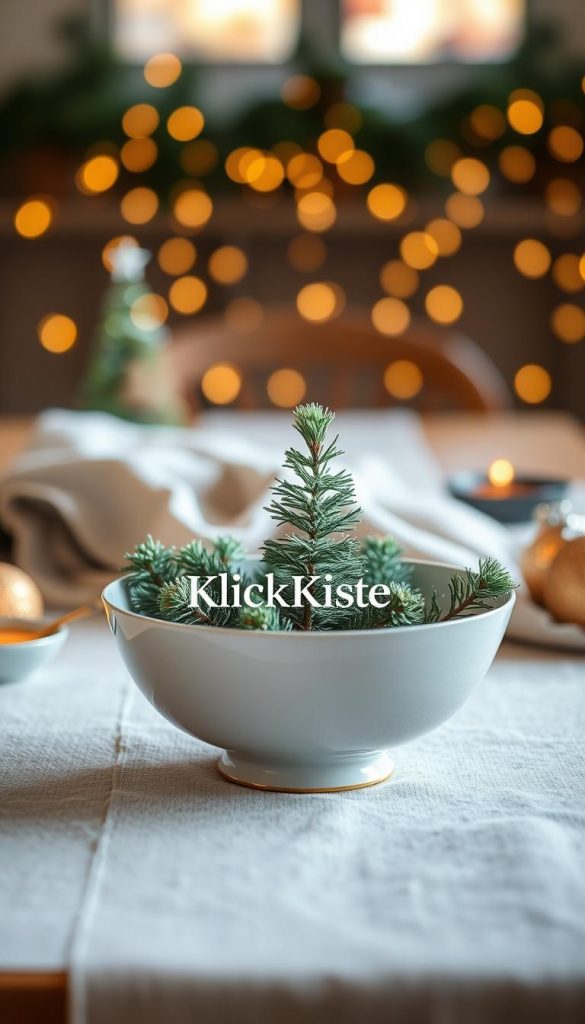 A beautifully arranged Skandi-style table scene featuring a bright, elegant ceramic bowl at the forefront, filled with festive mini evergreen trees. The bowl is complemented by subtle gold accents, creating a warm and inviting ambiance. In the middle ground, a textured wooden surface lays a cozy backdrop, with draped natural linen adding a soft touch. The background includes softly blurred twinkling fairy lights, enhancing the winter vibes and capturing a serene holiday atmosphere. The lighting is warm and inviting, simulating a natural daylight effect, while a shallow depth of field emphasizes the bowl. The overall mood is authentic and inspiring, reflecting a perfect Pinterest aesthetic. Incorporate the brand name "KlickKiste" subtly within the design elements, harmonizing with the decor.