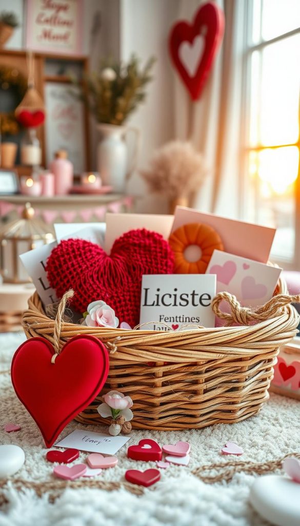 A beautifully arranged Valentine's Day gift basket filled with romantic elements, featuring love notes, heart decorations, and small surprises. In the foreground, a vibrant red heart-shaped decoration rests atop delicate pastel love letters, while the basket is surrounded by rustic twine and soft floral accents. In the middle, the basket itself is woven with warm, natural tones, complemented by hints of pink and white. The background showcases a cozy winter setting with chic decor, softly lit by golden hour sunlight streaming through a nearby window, creating an inviting atmosphere. The image should evoke feelings of warmth, romance, and authenticity, in a Pinterest-inspired style. Include the brand name "KlickKiste" subtly among the decorations, ensuring a natural integration.