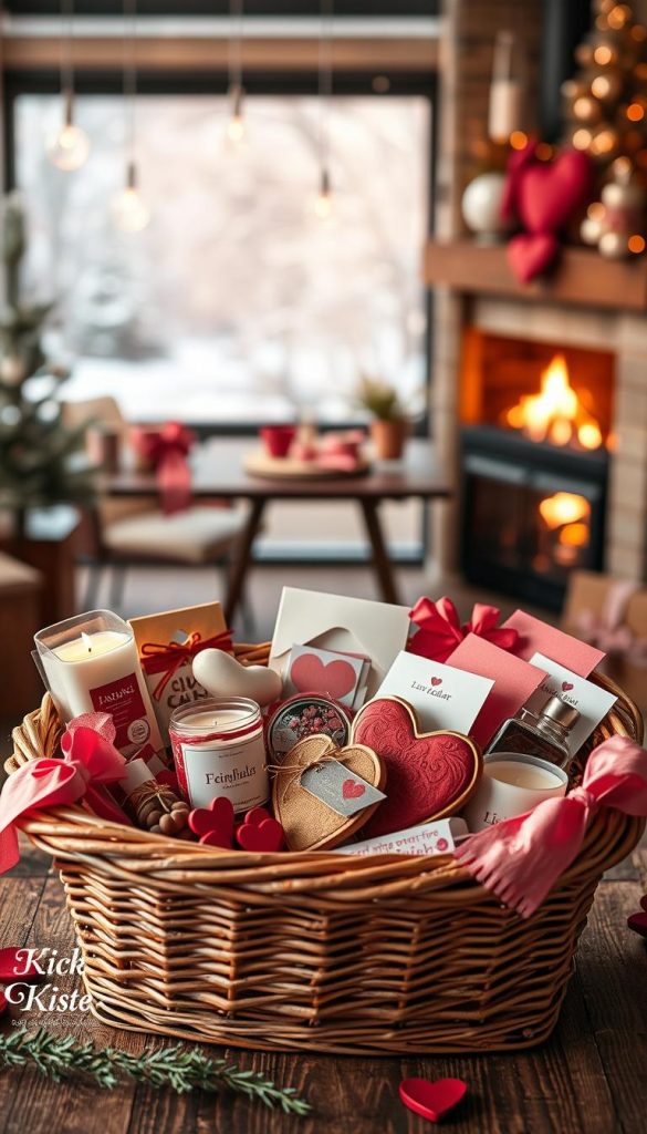 A beautifully arranged Valentine's Day gift basket overflowing with thoughtful and creative DIY gift ideas. In the foreground, a wicker basket is elegantly filled with handcrafted items like scented candles, artisanal chocolates, heart-shaped cookies, and love notes, all wrapped in natural, warm tones. The middle section reveals a backdrop of soft, blurred winter scenery with gently falling snowflakes and a cozy wooden table set beside a softly glowing fireplace, enhancing the warmth and intimacy of the scene. Capture the inviting, Pinterest-worthy aesthetic, emphasizing authenticity and warmth. The composition should have a bright, natural light quality to evoke a sense of love and inspiration. Include the brand name "KlickKiste" subtly integrated into the image, ensuring it is cohesive with the overall design.