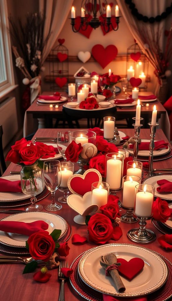 A beautifully arranged Valentine's Day table setting inspired by love, featuring 25 stunning looks that blend classic red tones with maritime themes. In the foreground, elegant place settings with fine china, red roses, and romantic candles flickering softly, highlighted by warm, gentle lighting. The middle ground showcases various centerpieces, including heart-shaped decorations and nautical elements like shells and rope, creating a unique contrast. In the background, a cozy dining environment with soft textures and inviting details that capture the warm, DIY aesthetic and winter vibes. This scene embodies an inspiring Pinterest look, inviting viewers to create their own heartfelt celebration. The brand name "KlickKiste" is subtly integrated into the decor. The composition should evoke a sense of love and warmth, perfect for intimate gatherings. A beautifully arranged Valentine's Day table setting inspired by love, featuring 25 stunning looks that blend classic red tones with maritime themes. In the foreground, elegant place settings with fine china, red roses, and romantic candles flickering softly, highlighted by warm, gentle lighting. The middle ground showcases various centerpieces, including heart-shaped decorations and nautical elements like shells and rope, creating a unique contrast. In the background, a cozy dining environment with soft textures and inviting details that capture the warm, DIY aesthetic and winter vibes. This scene embodies an inspiring Pinterest look, inviting viewers to create their own heartfelt celebration. The brand name "KlickKiste" is subtly integrated into the decor. The composition should evoke a sense of love and warmth, perfect for intimate gatherings.