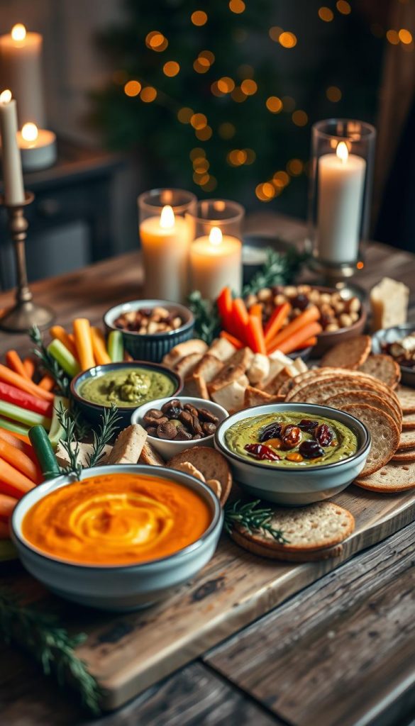 A beautifully arranged Vorspeisen snack platter featuring an array of vibrant dips, fresh vegetables, and artisanal bread. In the foreground, rich hummus and guacamole are served in elegant bowls, surrounded by colorful vegetable sticks, olives, and a selection of cheeses. In the middle ground, artisan crackers and toppings like sun-dried tomatoes and roasted nuts add delicious texture. The background portrays softly glowing candlelight, enhancing the cozy, romantic atmosphere of a winter evening. The setting features a rustic wooden table with natural tones, adorned with sprigs of rosemary and winter greens. The image embodies a warm, inviting mood, reminiscent of a Pinterest-inspired DIY aesthetic. Showcase brand name "KlickKiste." Use warm, natural lighting to create an intimate and authentic feel.