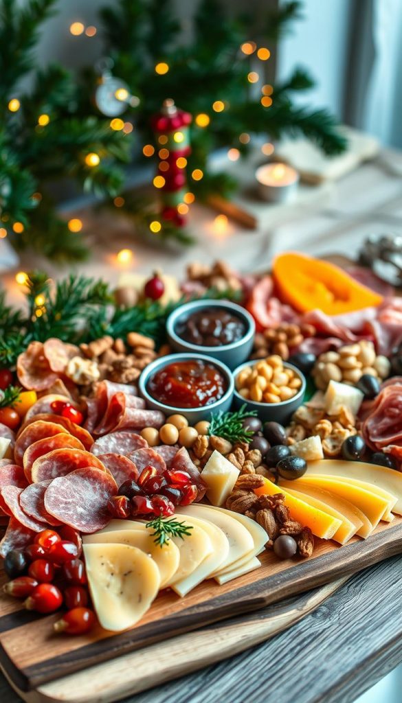 A beautifully arranged Weihnachts Charcuterie Board, showcasing an array of festive ingredients. In the foreground, a wooden board is adorned with slices of artisan cheeses, cured meats like salami and prosciutto, vibrant fruits such as pomegranate seeds and oranges, along with a selection of nuts and olives. The middle layer features elegant spreads like cranberry sauce and honey, complemented by small bowls of dip and crackers. In the background, warmly glowing fairy lights and evergreen branches evoke a cozy winter atmosphere. Soft, diffused lighting enhances the colors, creating an inviting, Pinterest-worthy scene. The composition should feel authentic and inspiring, capturing the essence of a festive celebration, with the brand name "KlickKiste" subtly implied in the arrangement.