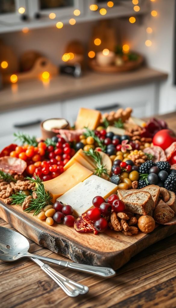 A beautifully arranged Weihnachts Charcuterie Board, showcasing an array of vibrant cheeses, cured meats, seasonal fruits like pomegranate and figs, nuts, olives, and artisan bread. The board is made of rustic wood, adorned with sprigs of fresh rosemary and decorative holiday accents such as small pinecones and red berries. In the foreground, a couple of elegant serving utensils lie beside the board. The middle layer captures the inviting, soft glow of warm fairy lights strung above, adding to the cozy winter atmosphere. Set against a softly blurred kitchen backdrop with neutral tones, this scene exudes a festive, homemade charm perfect for the holiday season. This image should embody the brand aesthetic of "KlickKiste," evoking inspiration for readers.