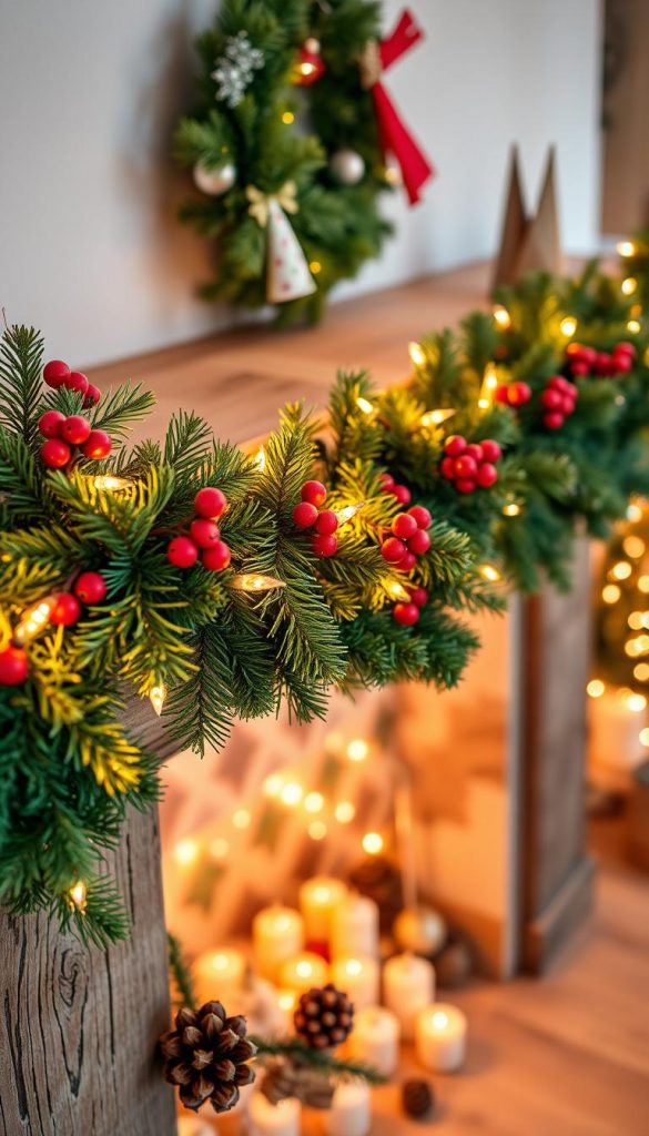 A beautifully arranged Weihnachtsgirlande, adorned with lush green pine branches, festive red berries, and warm LED lights. The garland elegantly drapes across a rustic wooden mantel, creating a cozy winter atmosphere. In the foreground, a few decorative ornaments, including pinecones and cinnamon sticks, add a touch of charm. The vibrant colors contrast nicely with the soft, flickering glow of the lights. In the background, a softly lit room with holiday decorations enhances the seasonal spirit. The lighting is warm and inviting, simulating a late afternoon glow, and the angle captures the garland from a slight overhead perspective, emphasizing its length and fullness. The overall mood is authentically inspiring, perfect for a DIY Christmas decor theme. Brand style: KlickKiste.