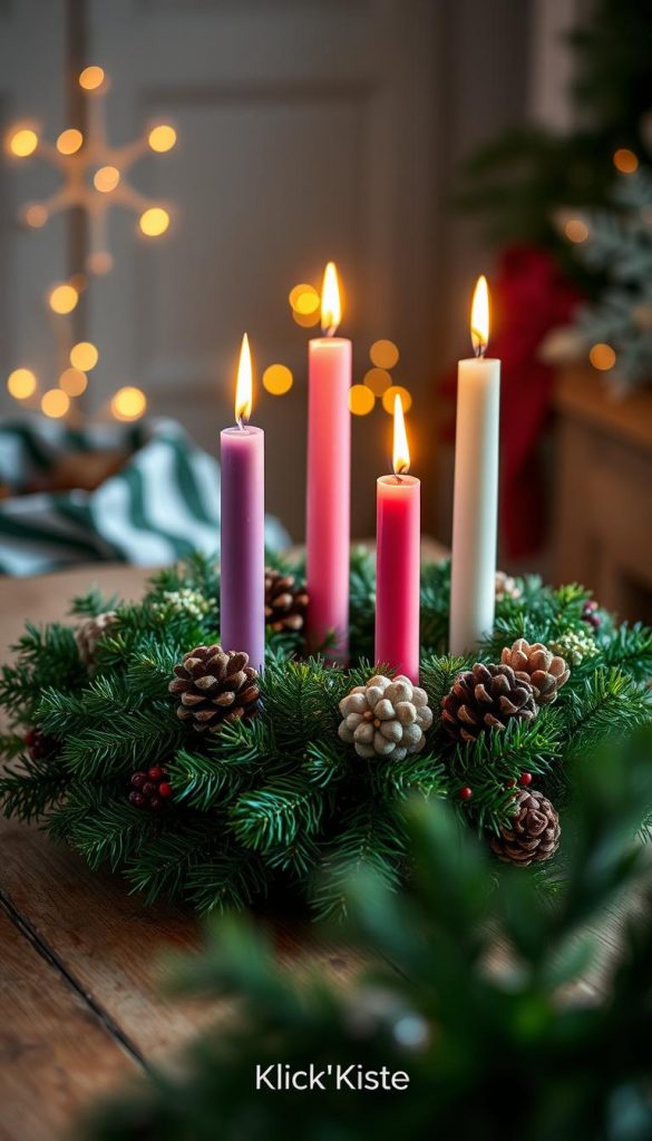A beautifully arranged advent wreath (Adventskranz) displayed on a rustic wooden table, adorned with four elegant candles in varied colors representing traditional symbolism: purple for hope, pink for joy, and white for peace. The wreath is lush with evergreen foliage, delicate pinecones, and subtle hints of seasonal berries. In the foreground, soft, natural lighting imbues the scene with warmth, highlighting the texture of the wreath and the glow of the candles. The background features faint, blurred winter decorations such as twinkling lights and subtle snowflakes, creating a cozy ambiance. The overall atmosphere is inviting and festive, reflecting the spirit of tradition and ritual in an authentic DIY setting. Inspired by Pinterest aesthetics. Brand name "KlickKiste".