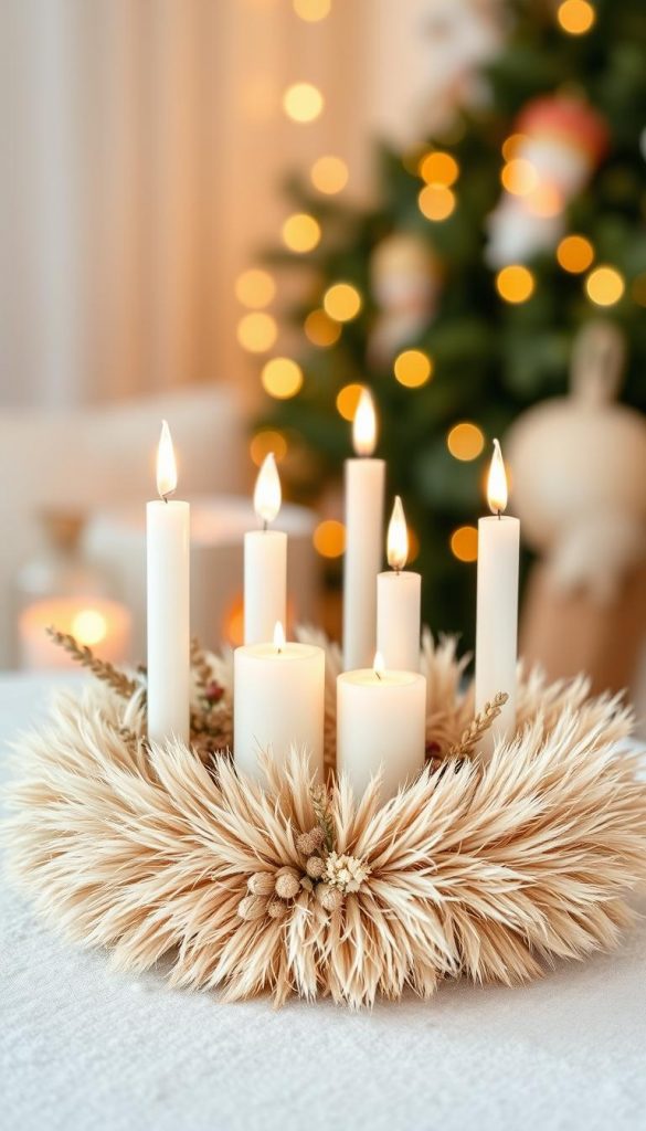 A beautifully arranged advent wreath made with pampas grass, showcasing its fluffy, feathery texture. In the foreground, a round wreath base made of natural elements, featuring warm, neutral tones of beige and cream. Delicate dried flowers like eucalyptus and wheat are artfully arranged throughout, adding subtle depth. The middle layer highlights four elegant white candles, softly lit with a gentle glow, creating a cozy winter atmosphere. In the background, a softly blurred festive setting with warm fairy lights twinkling, enhancing the overall inviting vibe. The image captures a natural DIY aesthetic with warm colors and winter vibes, reflecting a Pinterest-inspired look, perfect for a creative holiday theme. This composition embodies authenticity and inspiration for holiday decorating, signed “KlickKiste”.