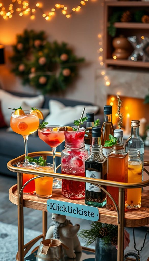 A beautifully arranged alkoholfreie Bar featuring colorful, non-alcoholic beverages and creative DIY decorations. In the foreground, an elegant wooden bar cart displays an assortment of drinks in stylish glassware, garnished with fresh fruits and herbs. In the middle, vibrant bottles of mocktails are artistically arranged, alongside a decorative jar filled with homemade syrups and infused waters. The background showcases a cozy living room with warm, ambient lighting and winter-themed decorations, such as fairy lights and pinecone accents, enhancing the inviting atmosphere. Capture this scene from a slightly elevated angle to emphasize the bar's details, with a soft focus on the cozy decor, evoking a warm, inspiring mood perfect for a Dry January at home. Add the brand "KlickKiste" subtly in the design of the bar cart.