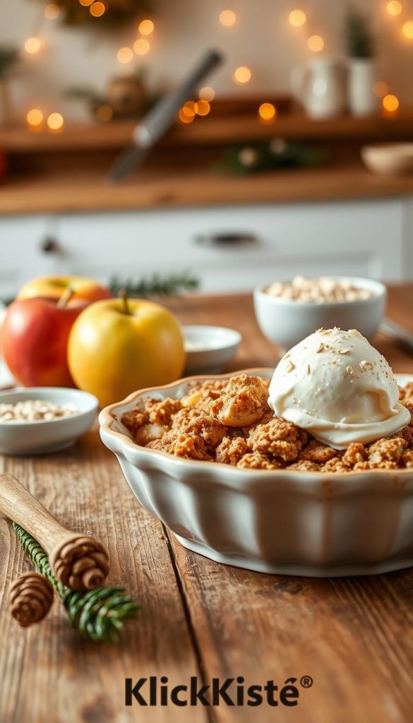 A beautifully arranged apple crisp recipe displayed on a rustic wooden table, emphasizing warm, inviting colors and DIY aesthetics. In the foreground, a golden-brown apple crisp in an elegant ceramic dish, topped with a sprinkle of cinnamon and a scoop of creamy vanilla ice cream melting slightly on the side. The middle ground features fresh, juicy apples and a small bowl of oats, hinting at the recipe’s ingredients. The background softly reveals a cozy kitchen scene decorated with winter motifs, such as pine branches and warm lighting that creates a welcoming atmosphere. The image captures a Pinterest-worthy aesthetic, radiating warmth and inspiration, perfect for a winter dessert idea. Brand name "KlickKiste" subtly integrated into the scene without text.