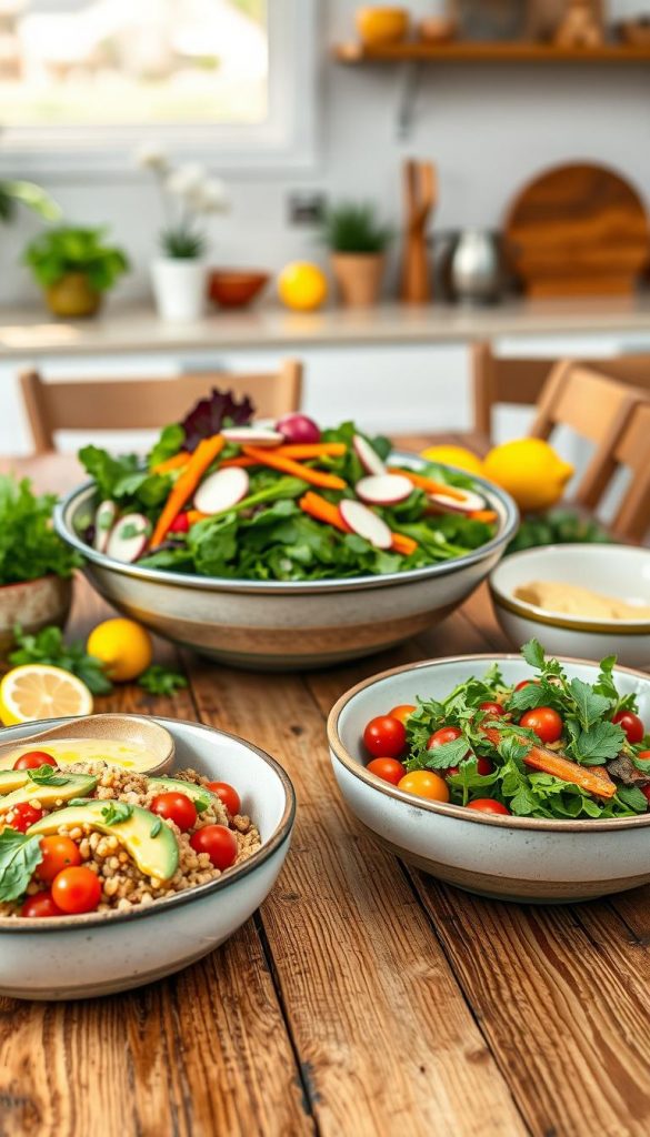 A beautifully arranged assortment of colorful bowls and fresh salads is set on a rustic wooden table. In the foreground, a vibrant quinoa salad with cherry tomatoes, cucumber, and herbs fills a ceramic bowl, while a creamy avocado dip is served in a small dish beside it. In the middle, a large bowl showcases leafy greens topped with radishes, carrots, and a drizzle of vinaigrette. Fresh ingredients like lemons and herbs are scattered around for a touch of brightness. The background features a soft-focus kitchen with warm, natural lighting that creates a cozy atmosphere. The scene captures the essence of spring dinners, showcasing healthy, inspiring meal ideas. The image embodies a Pinterest aesthetic, emphasizing earthy tones and natural textures, with the brand "KlickKiste" subtly integrated into the design aesthetic.