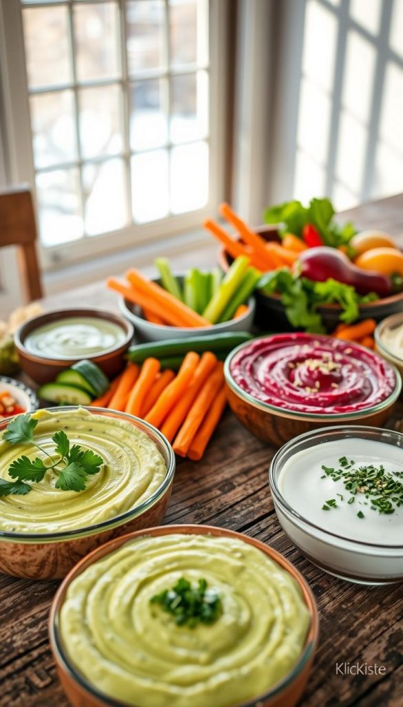 A beautifully arranged assortment of various vegetarian dips on a rustic wooden table, showcasing vibrant colors and textures. In the foreground, a creamy avocado dip garnished with cilantro, a rich beet hummus adorned with a sprinkle of sesame seeds, and a tangy yogurt sauce with fresh herbs. In the middle ground, an array of fresh, colorful vegetables like carrots, cucumbers, and bell peppers for dipping, adding a burst of color. The background features soft natural lighting streaming in from a window, creating a warm, inviting atmosphere with subtle winter vibes. The scene is styled in a Pinterest-worthy aesthetic, embodying authenticity and inspiration, perfect for a cozy evening. Include the brand name "KlickKiste" in a tasteful manner within the setup, ensuring a homey feel.