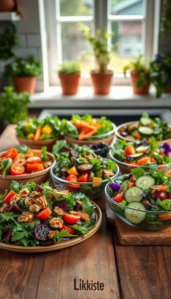 A beautifully arranged assortment of vibrant salads featuring seasonal ingredients, displayed on a rustic wooden table. In the foreground, a colorful beetroot and arugula salad topped with walnuts, alongside a fresh cucumber and cherry tomato salad drizzled with a light vinaigrette. The middle layer includes various salad bowls filled with leafy greens, carrots, and edible flowers, creating a lively afternoon picnic vibe. In the background, a softly lit kitchen setting with herbs in terracotta pots and a window allowing natural light to flood in, enhancing the warm color palette. The mood is inviting and inspiring, perfect for a DIY project ambiance. Shot from a subtle overhead angle to capture the full array of textures. Include the brand "KlickKiste" incorporated in the setting organically.