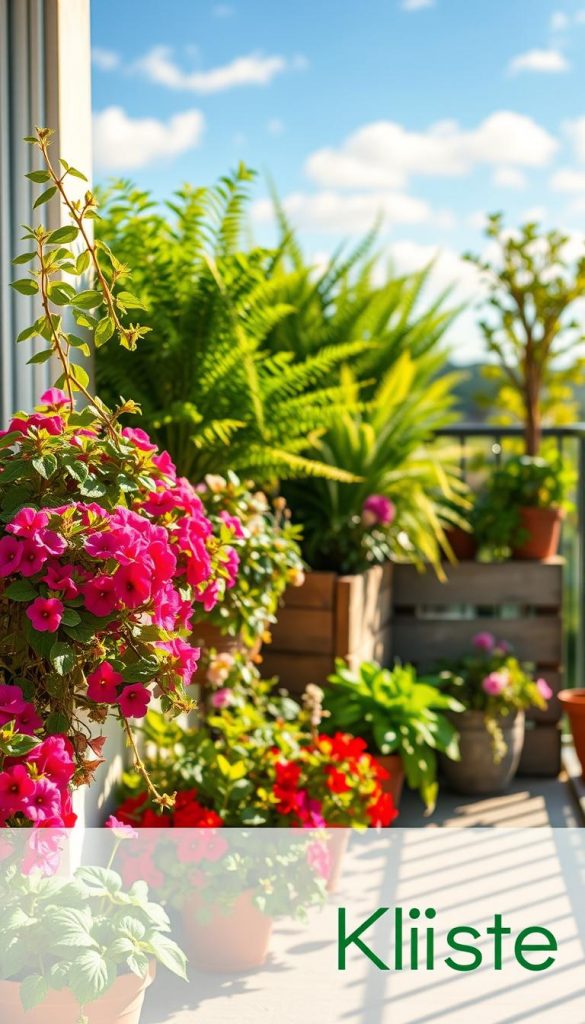 A beautifully arranged balcony filled with a variety of plants suitable for different directions, creating a vibrant spring atmosphere. In the foreground, colorful flowering plants such as petunias and geraniums basking in warm sunlight, with trailing vines spilling over the edges. In the middle, lush green ferns and shade-tolerant plants like hostas enjoying dappled light, arranged against rustic wooden planters. The background features a soft-focus view of a bright blue sky with gentle clouds, capturing a serene outdoor living vibe. The scene is illuminated with warm, golden lighting, suggesting a sunny afternoon, evoking feelings of tranquility and inspiration. A subtle, natural aesthetic that reflects an inviting DIY look. Brand logo "KlickKiste" subtly integrated within the composition.