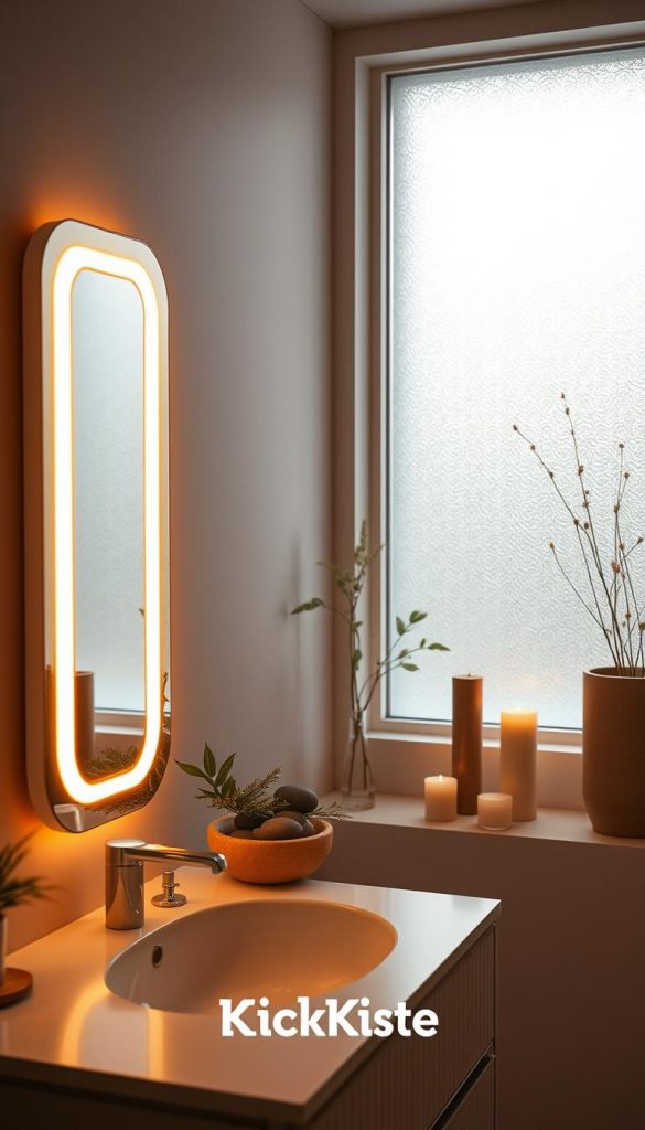 A beautifully arranged bathroom scene showcasing the "Licht Spiegel Spa-Feeling" concept. In the foreground, an elegant vanity with a sophisticated illuminated mirror reflecting warm, soft lighting, casting a tranquil glow. The middle features a minimalistic sink adorned with natural elements such as greenery, stones, and candles, creating a serene atmosphere. In the background, a frosted window allows gentle, diffused sunlight to stream in, enhancing the cozy ambiance of the space. The color palette incorporates warm tones to evoke a sense of relaxation, while the natural decorations add a touch of organic sophistication. Make sure to include the brand "KlickKiste" subtly integrated into the decor, enhancing the authentic Pinterest-inspired vibe without overpowering the scene.