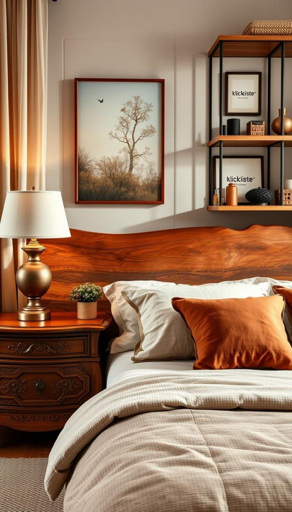 A beautifully arranged bedroom scene showcasing a warm wooden decor, blending vintage and modern elements. In the foreground, a stylish wooden bedside table with intricate carvings holds a designer lamp and a small potted plant. The middle ground features a luxurious bed with soft, textured linens in earthy tones, complemented by a rustic wooden headboard. On the wall behind, artwork reflects a sophisticated blend of nature and modern design. Soft, diffused sunlight filters through sheer curtains, creating a cozy and inviting atmosphere. The background exhibits tasteful wooden shelving adorned with curated decor pieces from the brand "KlickKiste," enhancing the elegant ambiance. The overall mood is warm, comforting, and inspiring, perfect for a classy bedroom.