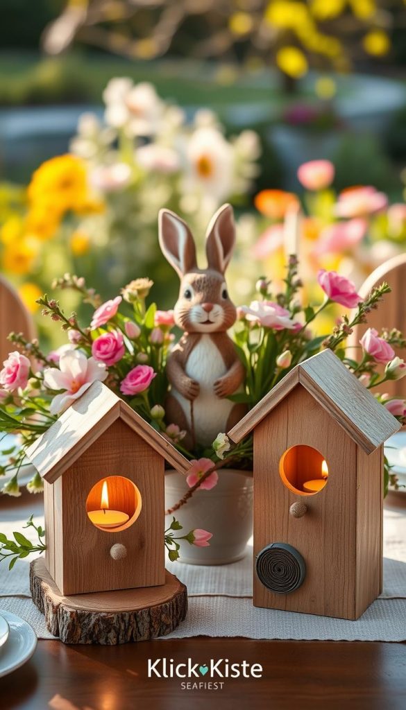 A beautifully arranged bird-inspired centerpiece for spring, featuring charming birdhouse candlesticks. In the foreground, two rustic birdhouse candlesticks made of reclaimed wood, softly glowing with lit candles, surrounded by delicate spring flowers in warm pastel hues. In the middle, a whimsical Peter Rabbit arrangement, incorporating fresh foliage and colorful blooms, alluding to a storybook charm. The background showcases a serene, sunlit environment with a blurred garden setting that hints at spring’s arrival. Soft, golden lighting creates a warm and inviting atmosphere, emphasizing the natural textures and colors. The overall look is authentic and inspiring, perfect for a cozy DIY project vibe. Include the branding "KlickKiste" subtly integrated into the arrangement.