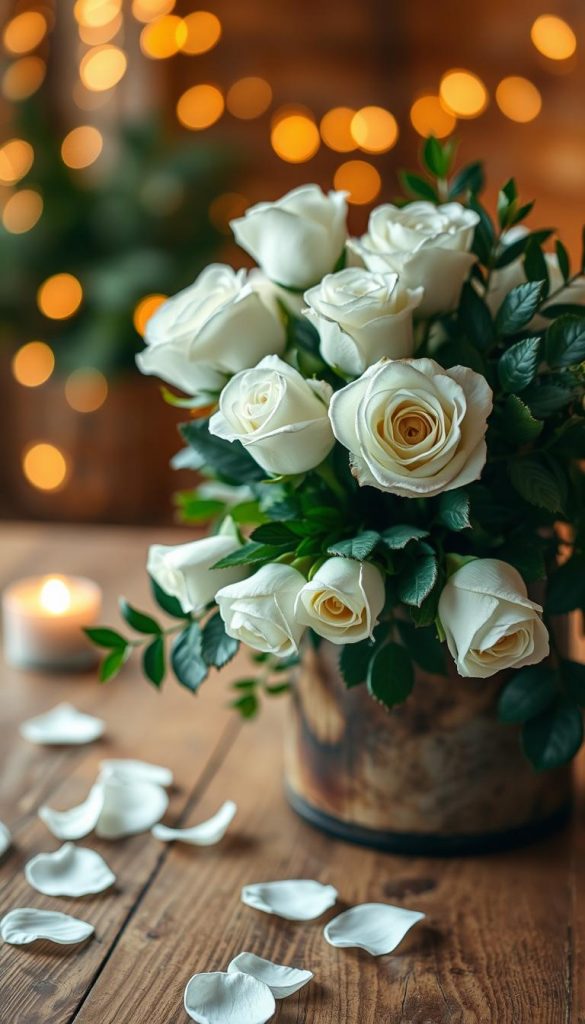 A beautifully arranged bouquet of white roses, artistically placed in a rustic vase on a wooden table. In the foreground, delicate petals of freshly bloomed white roses create a soft, romantic feel, with a few petals scattered around to enhance the natural DIY aesthetic. The middle ground features lush greenery, intertwining with the roses, adding depth and texture. In the background, softly blurred fairy lights twinkle, contributing to a cozy, warm atmosphere reminiscent of winter vibes. The lighting is warm and soft, imitating candlelight, with a shallow depth of field to focus on the flowers. This composition captures the serene elegance perfect for a romantic bedroom setting, reflecting modern decoration ideas inspired by KlickKiste.