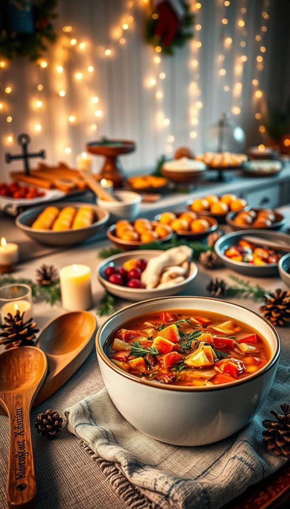A beautifully arranged bowl of Mitternachtssuppe, a warm and inviting soup enriched with colorful diced vegetables, herbs, and spices, sits prominently in the foreground. Surrounding the bowl are rustic wooden serving utensils and a cozy linen tablecloth adorned with pinecones and candles, creating a warm winter atmosphere. In the middle ground, a softly lit buffet table showcases assorted dishes, including baked goods and DIY stations with ingredients creatively displayed. The background features softly twinkling fairy lights that evoke a festive ambiance, adding to the holiday spirit. Natural warm lighting casts a gentle glow, capturing the essence of winter vibes and a Pinterest-worthy aesthetic, embodying the brand "KlickKiste."