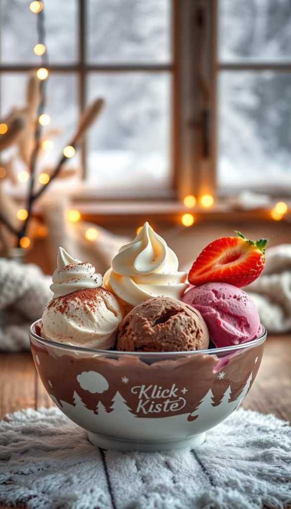 A beautifully arranged bowl of colorful ice cream scoops sits at the forefront, featuring rich chocolate, creamy vanilla, and vibrant strawberry flavors. Each scoop is topped with delicate, frosty whipped cream and a sprinkle of cocoa powder. In the middle ground, a cozy winter setting reveals a rustic wooden table adorned with soft knit fabric and twinkling fairy lights, enhancing the warmth of the scene. The background showcases a softly blurred window frosted with winter patterns, with snowflakes subtly falling outside. Natural, warm lighting casts a gentle glow, creating an inviting atmosphere perfect for winter desserts. This image should capture a Pinterest-worthy aesthetic, evoking feelings of comfort and indulgence. Branding includes a subtle, stylish inclusion of "KlickKiste" in the decor.