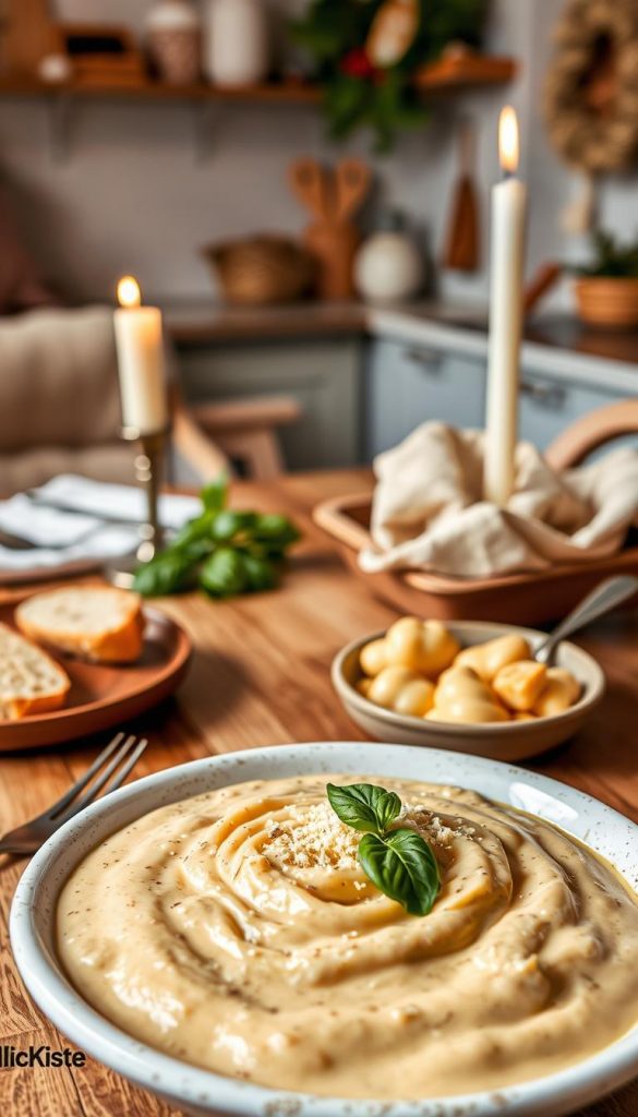 A beautifully arranged bowl of creamy pasta sauce, showcasing its rich, velvety texture, garnished with freshly grated parmesan and bright green basil leaves. In the foreground, a wooden table is set with rustic serving utensils, warm bread, and a flickering candle for a cozy atmosphere. Soft, natural lighting bathes the scene, highlighting the sauce's creamy consistency and the inviting colors of the ingredients. In the background, a subtle kitchen setting with warm, winter-themed decor enhances the inviting mood, featuring hints of soft textiles, and a hint of festive elements. The image captures a Pinterest-worthy vibe, evoking feelings of comfort and warmth, perfectly embodying the cozy dinner theme for friends or a date night. Addition of the brand name "KlickKiste" subtly integrated into the table setup.
