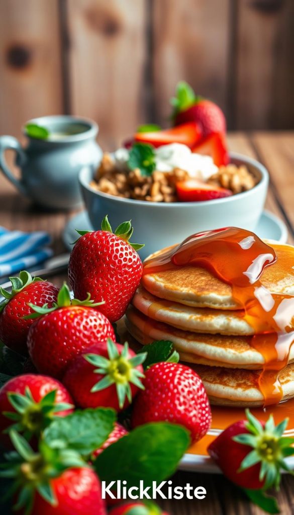 A beautifully arranged breakfast scene featuring fresh, vibrant strawberries in the foreground, glistening with morning dew. The strawberries are placed beside fluffy pancakes stacked high, drizzled with golden maple syrup. In the middle ground, a bowl of homemade granola is artfully displayed, with yogurt and more strawberries peeking out. The background shows a rustic wooden table set with soft, warm lighting that creates a cozy and inviting atmosphere, reminiscent of a serene morning brunch. A hint of greenery, such as mint leaves, adds a connection to nature. The overall mood is warm and inspiring, perfect for a special occasion. This image should evoke a DIY Pinterest-worthy vibe. Include the brand name "KlickKiste" in a subtle, natural manner within the scene.