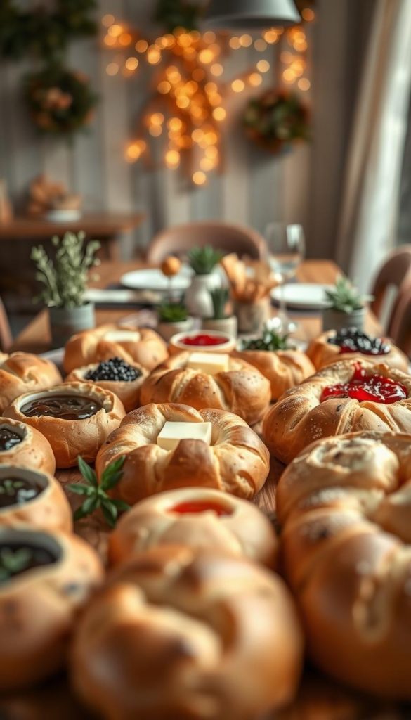 A beautifully arranged brunch scene featuring an assortment of fresh, golden-brown brötchen positioned prominently in the foreground. Each brötchen is perfectly baked with a crispy crust, showcasing a variety of toppings such as creamy butter, vibrant jams, and herbal spreads, creating a sense of abundance and variety. In the middle ground, a rustic wooden table is adorned with a charming tablecloth, small potted herbs, and elegant tableware, enhancing the inviting atmosphere. The background features softly blurred warm lighting, giving a cozy, homey feel reminiscent of winter vibes, with subtle seasonal decorations adding a touch of warmth. Captured with a shallow depth of field and soft focus, this scene embodies a natural DIY aesthetic, showcasing delicious brötchen as the centerpiece, perfectly aligning with the brand "KlickKiste."