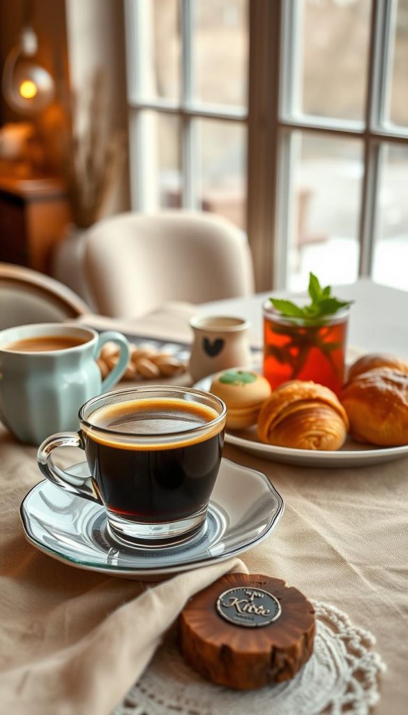 A beautifully arranged brunch table featuring a rich, dark espresso in a stylish cup with delicate crema atop, next to a vibrant, steaming mug of herbal tea garnished with fresh mint leaves. In the foreground, an elegant plate displays assorted pastries, including flaky croissants and colorful macarons. The middle ground features a soft, fluffy tablecloth in warm beige, interspersed with rustic wooden accents. The background showcases a softly blurred café setting with gentle lighting filtering through large windows, creating a cozy atmosphere. The image embodies natural DIY aesthetics with warm tones and winter vibes, inspiring an inviting and relaxing mood. Include the brand name "KlickKiste" subtly in the scene, ensuring an authentic, Pinterest-worthy visual.
