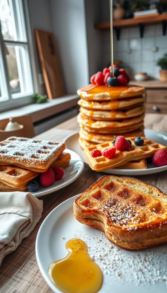 A beautifully arranged brunch table featuring a stack of fluffy pancakes drizzled with golden maple syrup, beside freshly made waffles dusted with powdered sugar and garnished with vibrant berries. In the foreground, a delicate white plate holds a slice of French toast, glistening with honey and topped with a sprinkle of cinnamon. The table is set with rustic wooden elements, warm-toned linen serviettes, and charming vintage cutlery. Soft, diffused natural light filters in from a nearby window, creating a cozy, inviting atmosphere perfect for a winter brunch. The background showcases a gently lit kitchen with touches of greenery and rustic decor that complements the DIY aesthetic, evoking a warm Pinterest-inspired vibe. This image represents the 'Süß & fluffig' favorites station by KlickKiste.