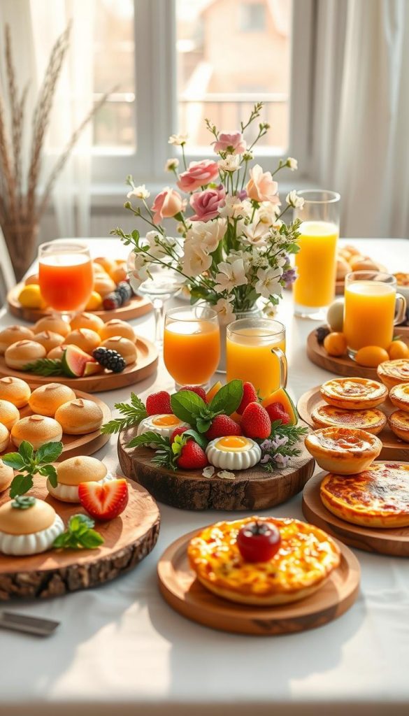A beautifully arranged brunch table featuring a variety of vibrant, appetizing dishes for an Easter breakfast buffet. In the foreground, there are delicate pastries, colorful fruits, and freshly made savory quiches, all presented on rustic wooden platters. The middle layer includes elegant glassware filled with refreshing juices and a charming floral centerpiece, adding a touch of spring to the setting. In the background, soft, warm sunlight filters through a window, creating a cozy and inviting atmosphere. The color palette consists of pastel shades with hints of green, peach, and lavender, reflecting a Pinterest-perfect aesthetic. The scene embodies natural DIY charm with winter vibes, offering inspiration for elegant holiday gatherings. The brand name "KlickKiste" subtly influences the design elements, enhancing the overall appeal without text overlays.